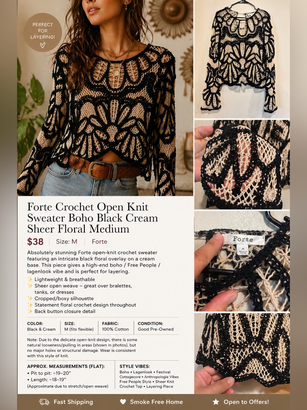 Forte Crochet Open Knit Sweater Boho Black Cream Sheer Floral Medium